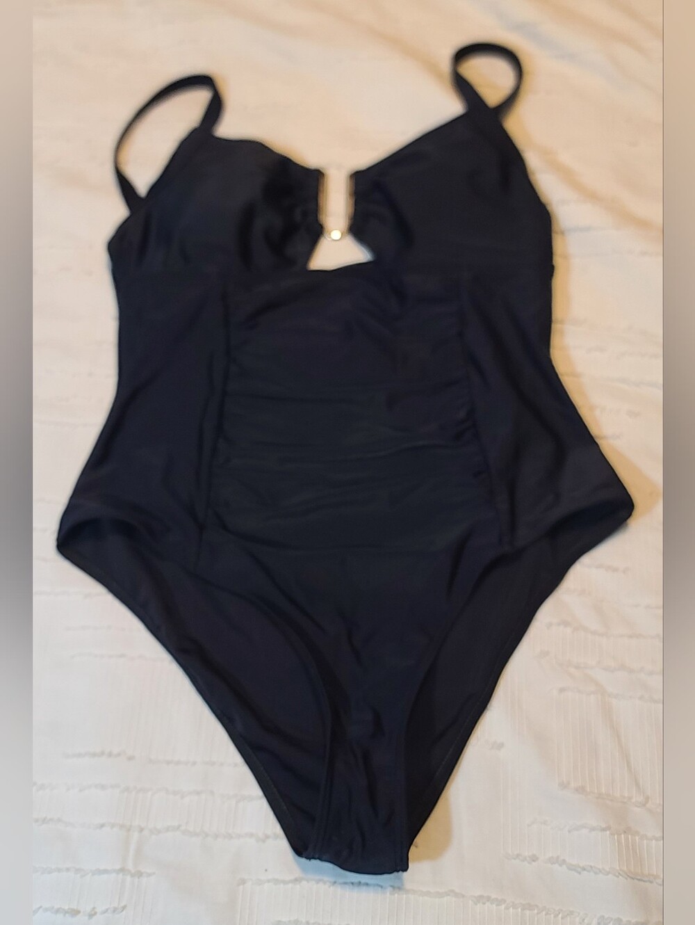 Women's Black Solid One Piece Swimsuit Cutout Adjustable Spaghetti Straps L